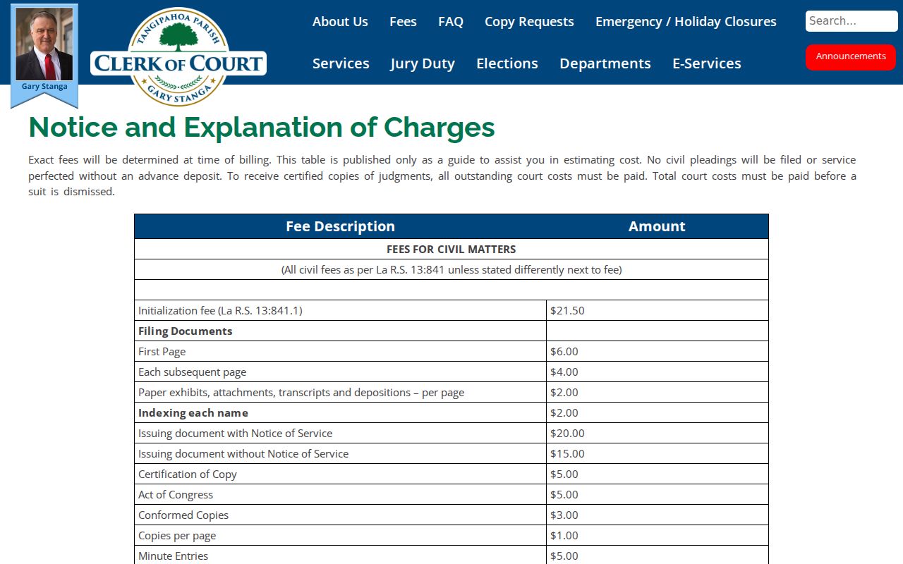 Louisiana court record local clerk fee schedule
