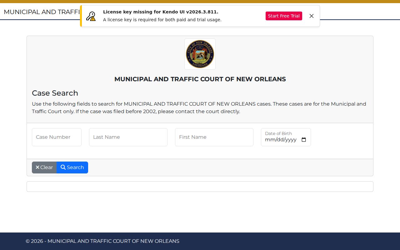 Louisiana local traffic court case-search form with case and party fields