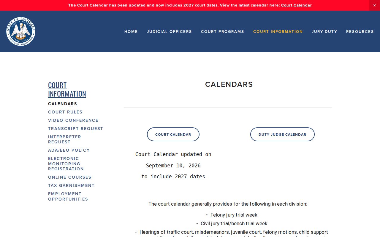 Louisiana court calendar example showing a local trial and duty judge calendar
