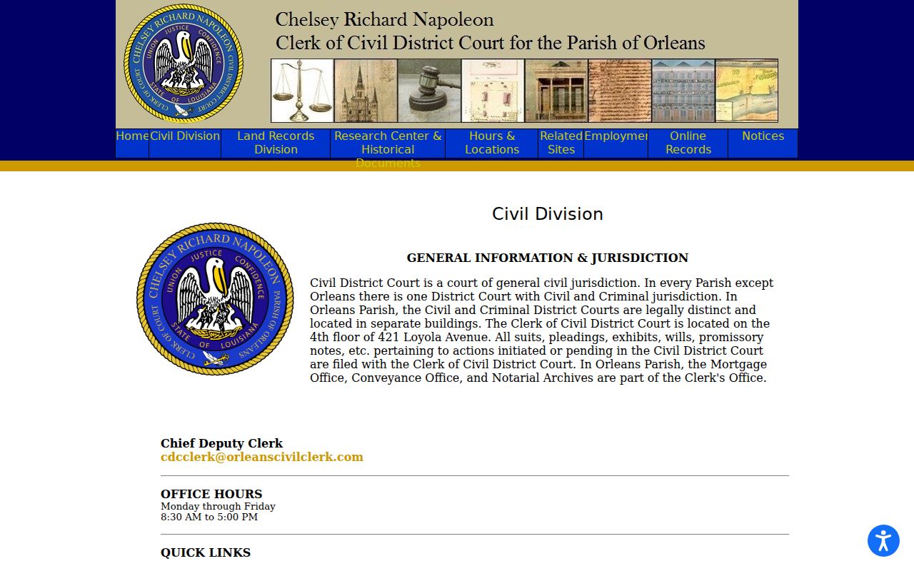 Louisiana civil docket clerk information showing a separate civil court office