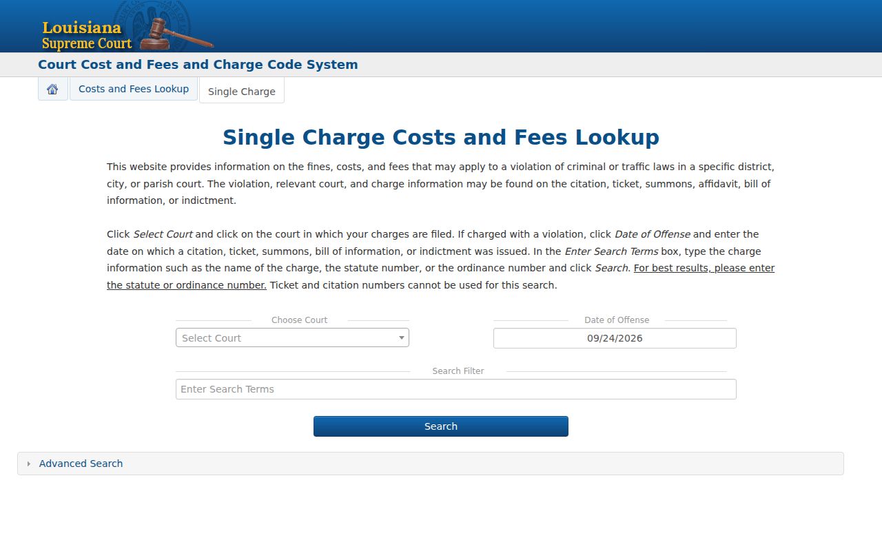 Louisiana traffic court charge-cost search form, not a ticket-status search